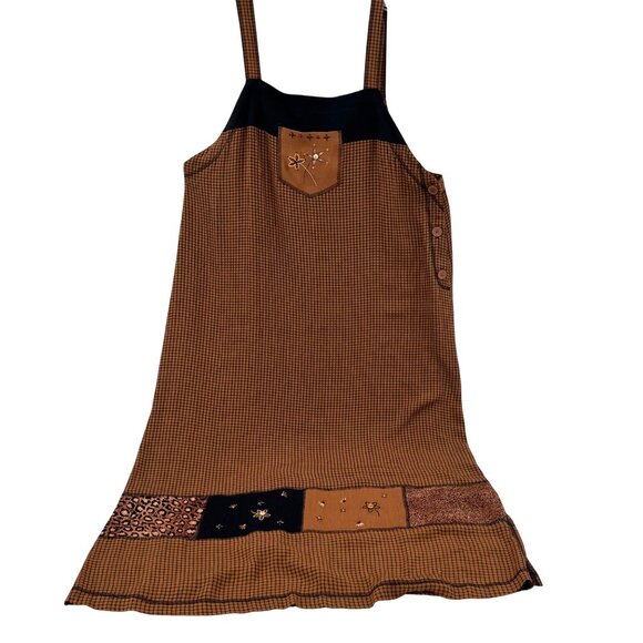 Vintage Napa Valley Petites Y2K Dress Romper L Brown & Black Rayon Floral Pocket - Picture 1 of 7